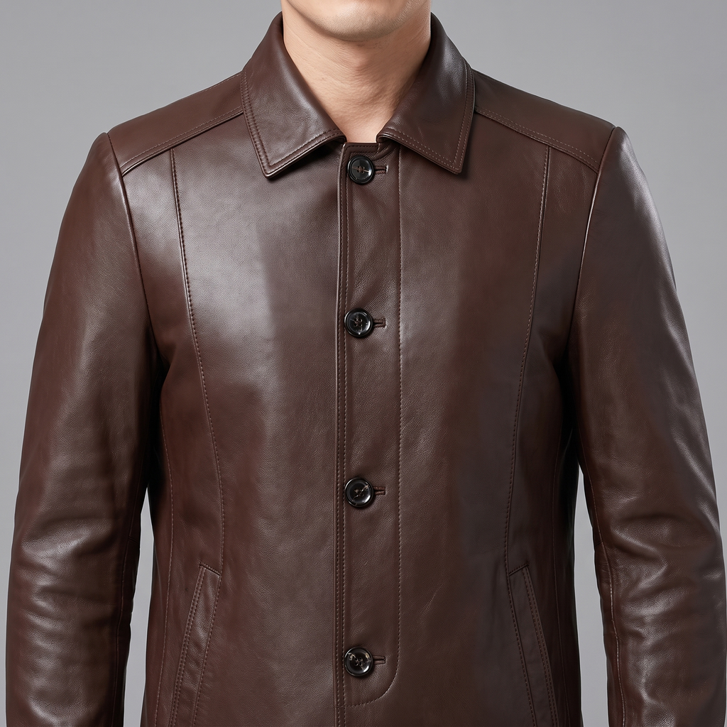 Men's brown sheepskin leather button-front jacket, collar and button detail