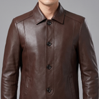 Men's brown sheepskin leather button-front jacket, collar and button detail