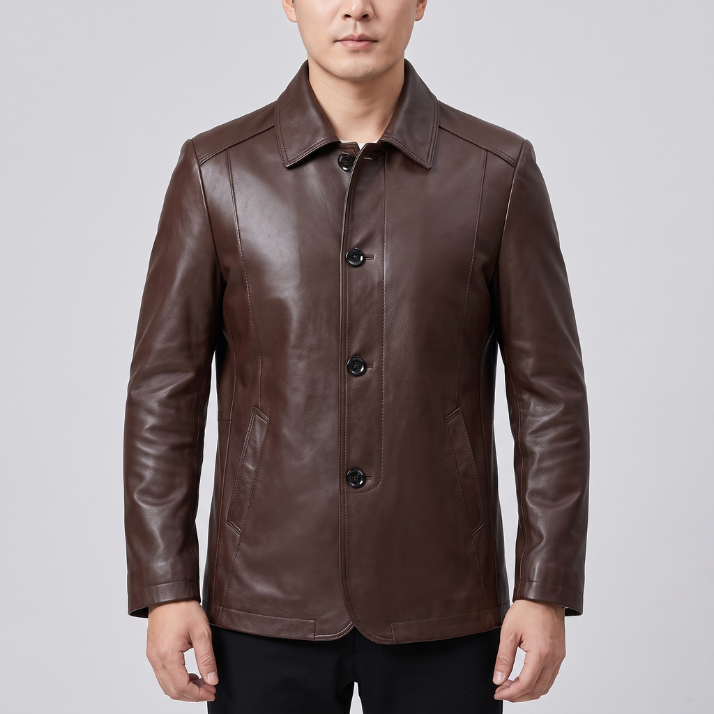 Men's brown sheepskin leather button-front jacket, studio front view