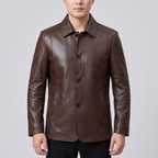 Men's brown sheepskin leather button-front jacket, studio front view