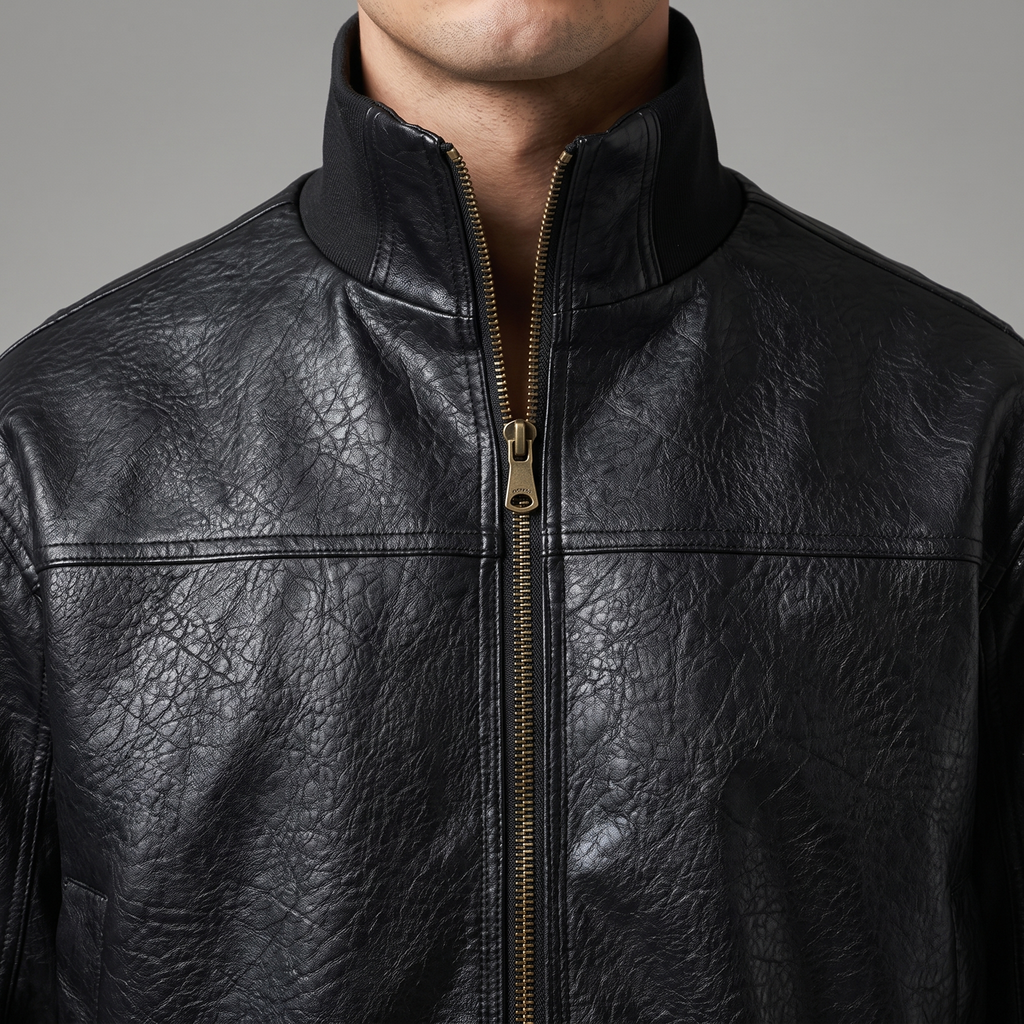 Men's black textured faux leather bomber jacket, stand collar and zipper detail