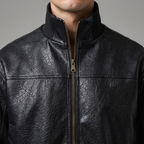 Men's black textured faux leather bomber jacket, stand collar and zipper detail
