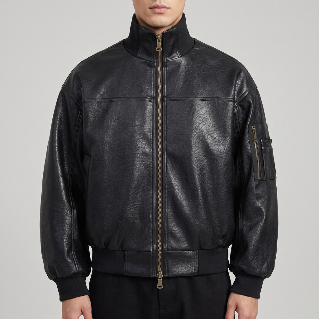 Men's black textured faux leather bomber jacket, studio front view