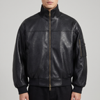Men's black textured faux leather bomber jacket, studio front view