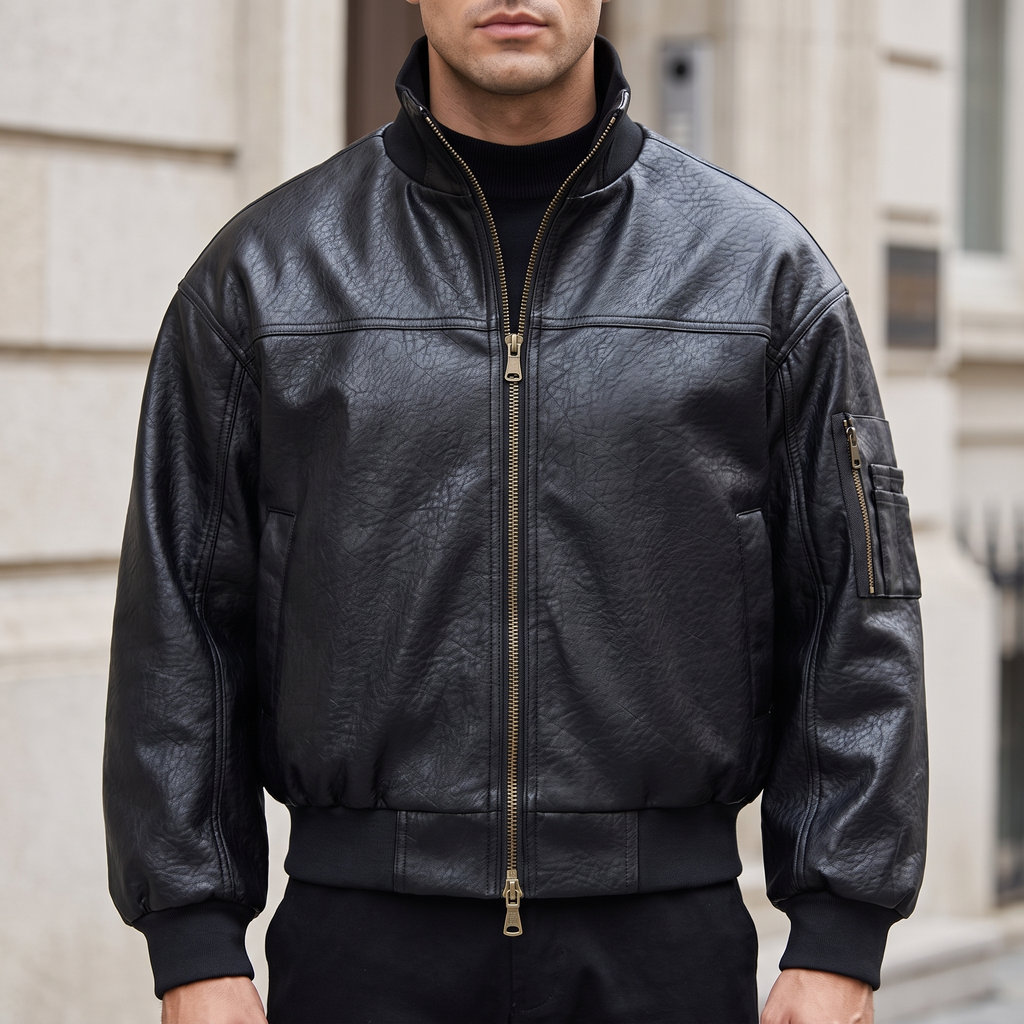 Men's black textured faux leather bomber jacket, front lifestyle view