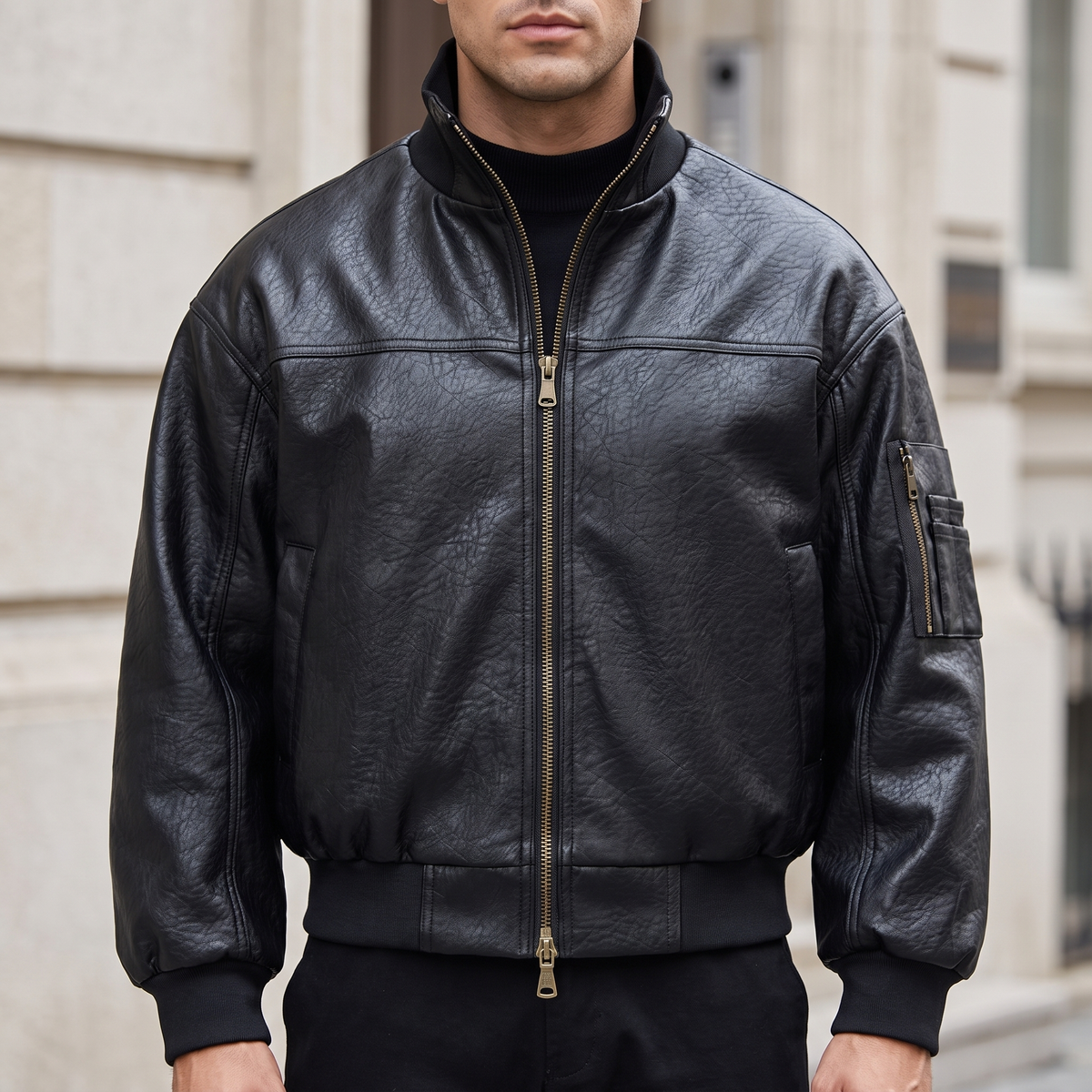 Men's black textured faux leather bomber jacket, front lifestyle view