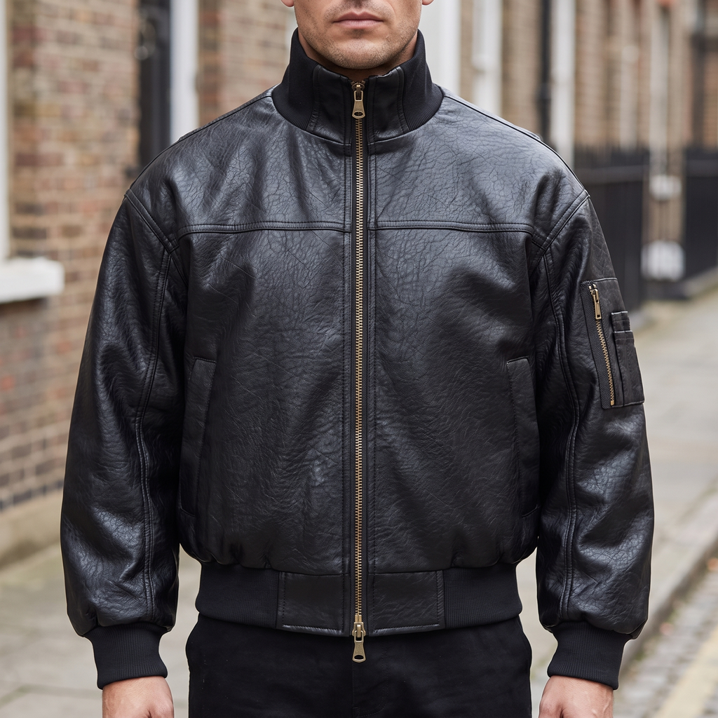Men's black textured faux leather bomber jacket, street lifestyle view