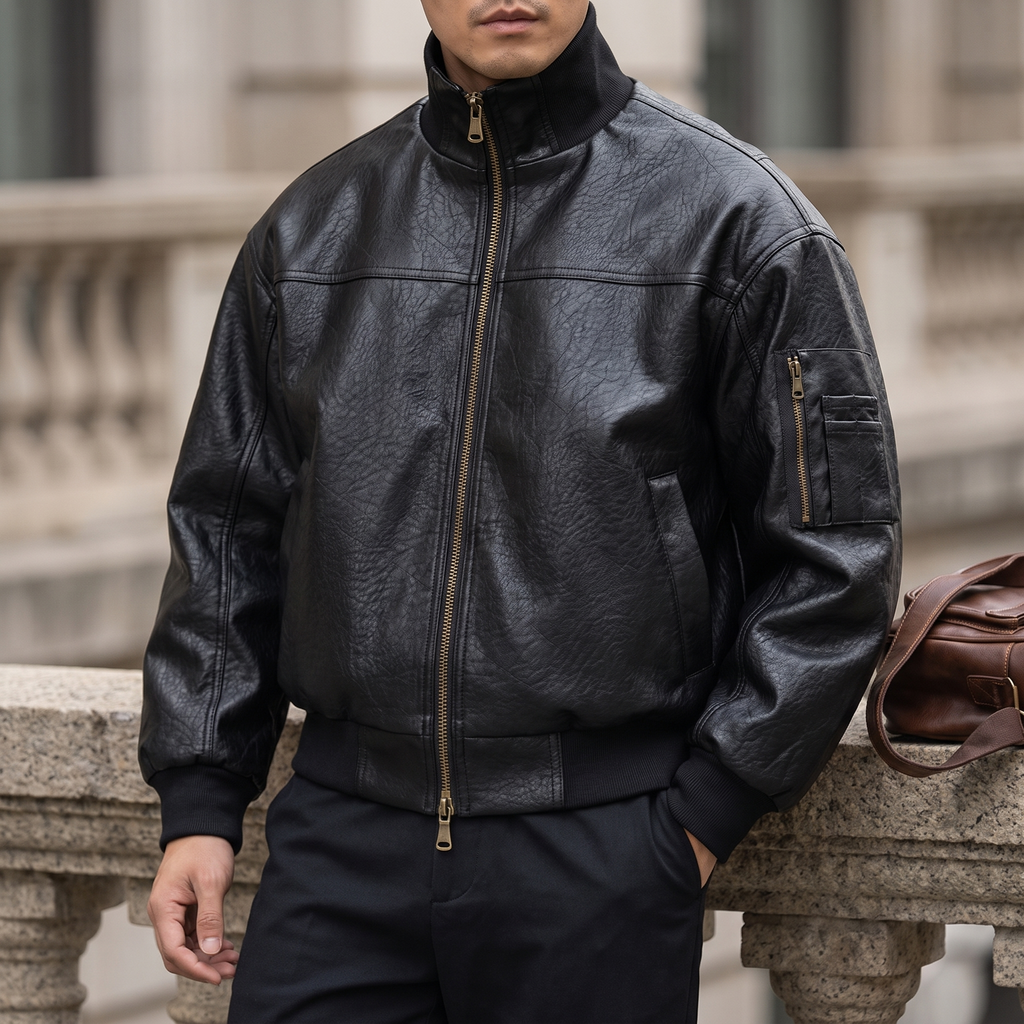 Men's black textured faux leather bomber jacket, three-quarter lifestyle view