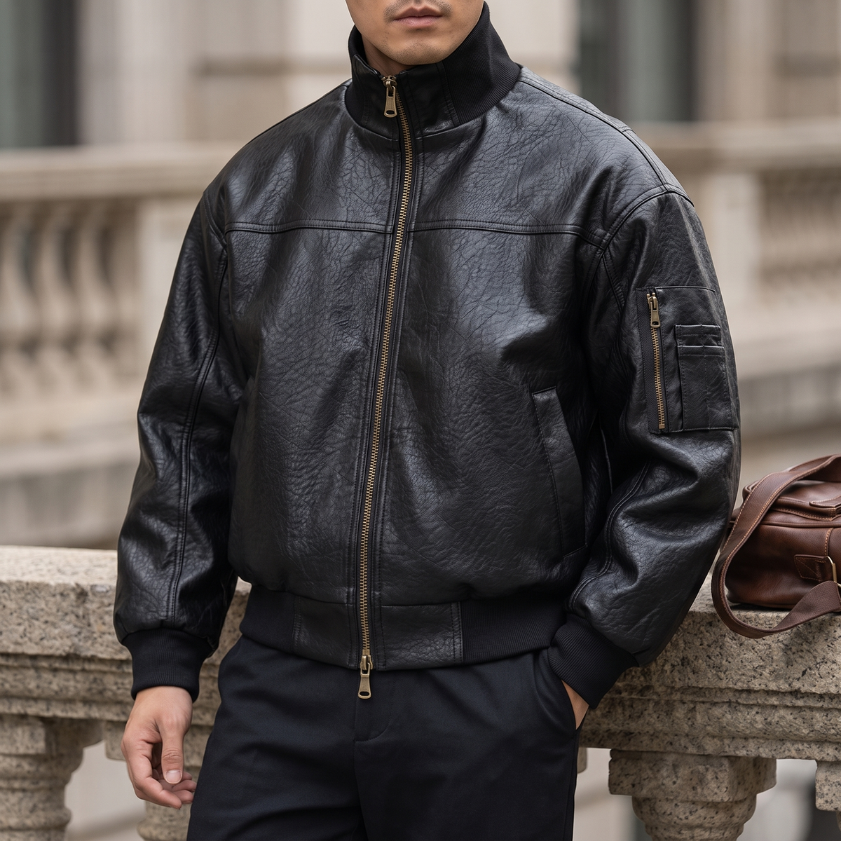 Men's black textured faux leather bomber jacket, three-quarter lifestyle view