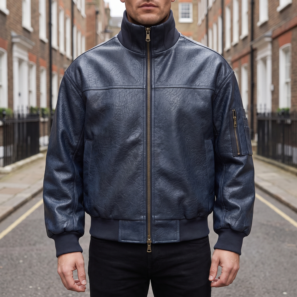 Men's dark blue textured faux leather bomber jacket, street lifestyle view