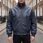 Men's dark blue textured faux leather bomber jacket, street lifestyle view