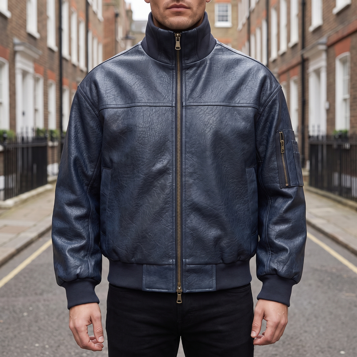 Men's dark blue textured faux leather bomber jacket, street lifestyle view
