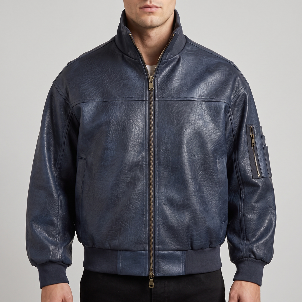 Men's dark blue textured faux leather bomber jacket, studio front view