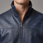 Men's dark blue textured faux leather bomber jacket, stand collar and zipper detail