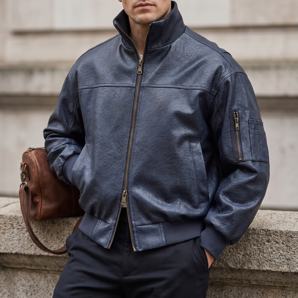 Men's dark blue textured faux leather bomber jacket, three-quarter lifestyle view