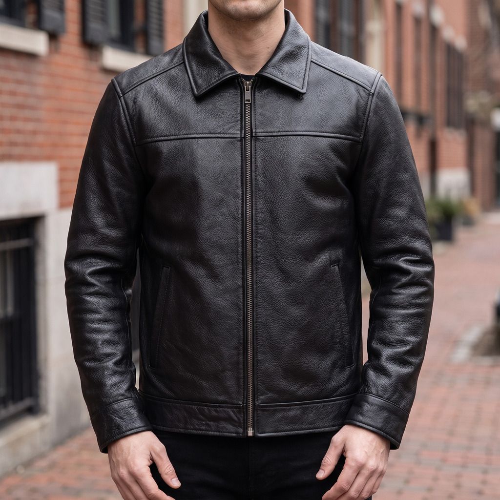 Men's black cowhide leather zip jacket, street lifestyle view