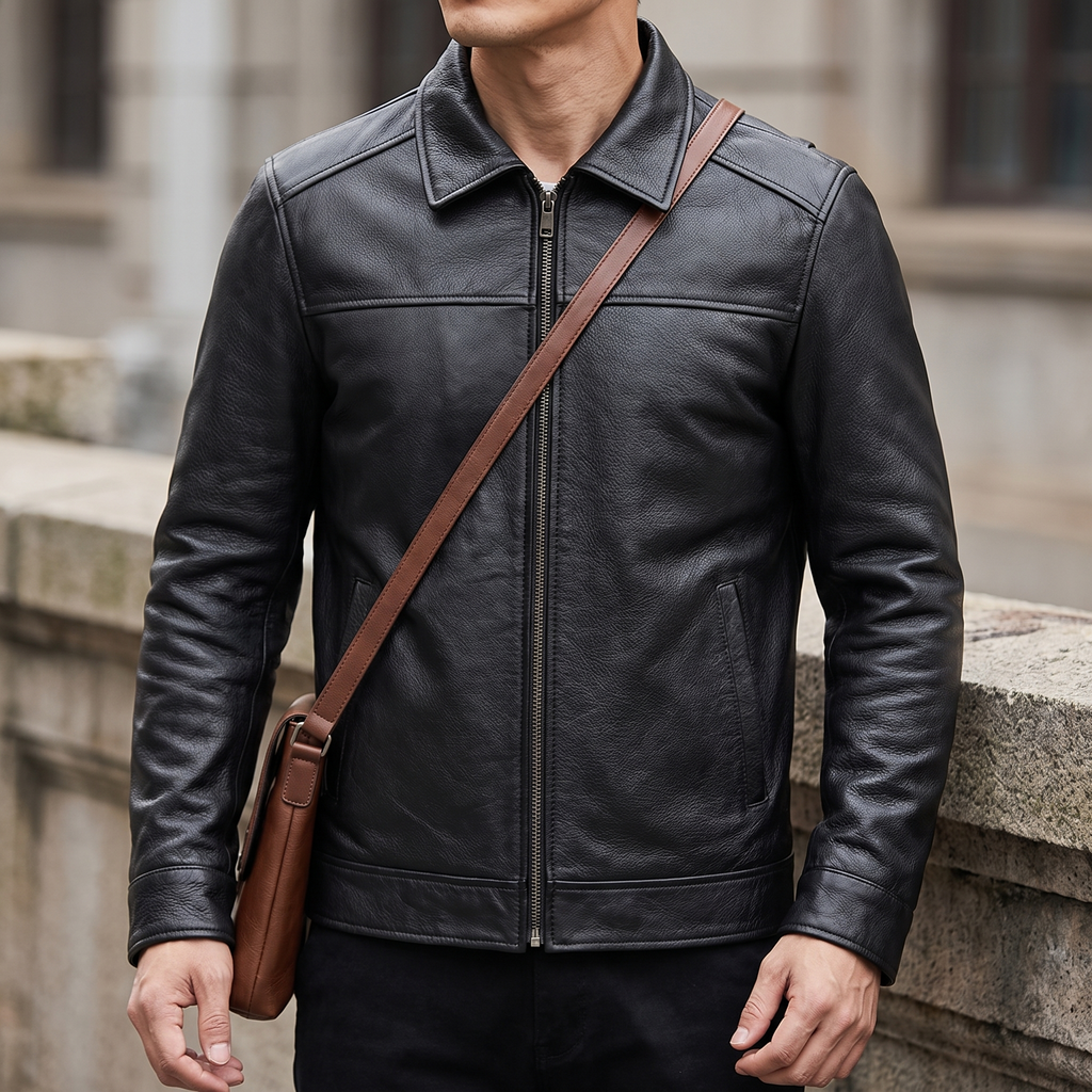 Men's black cowhide leather zip jacket, three-quarter lifestyle view