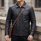 Men's black cowhide leather zip jacket, three-quarter lifestyle view
