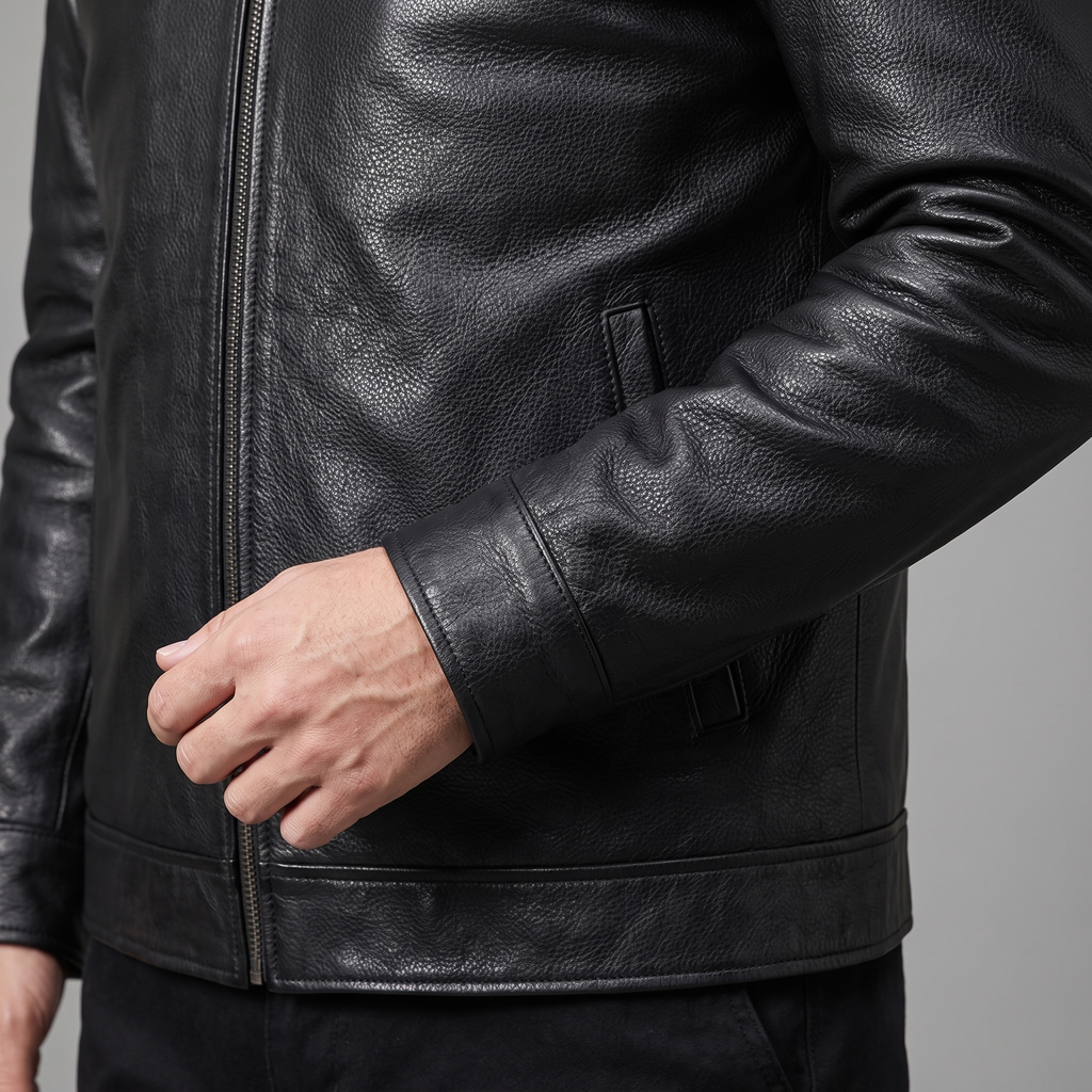 Men's black cowhide leather zip jacket, cuff and welt pocket detail