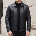 Men's black cowhide leather zip jacket, front lifestyle view