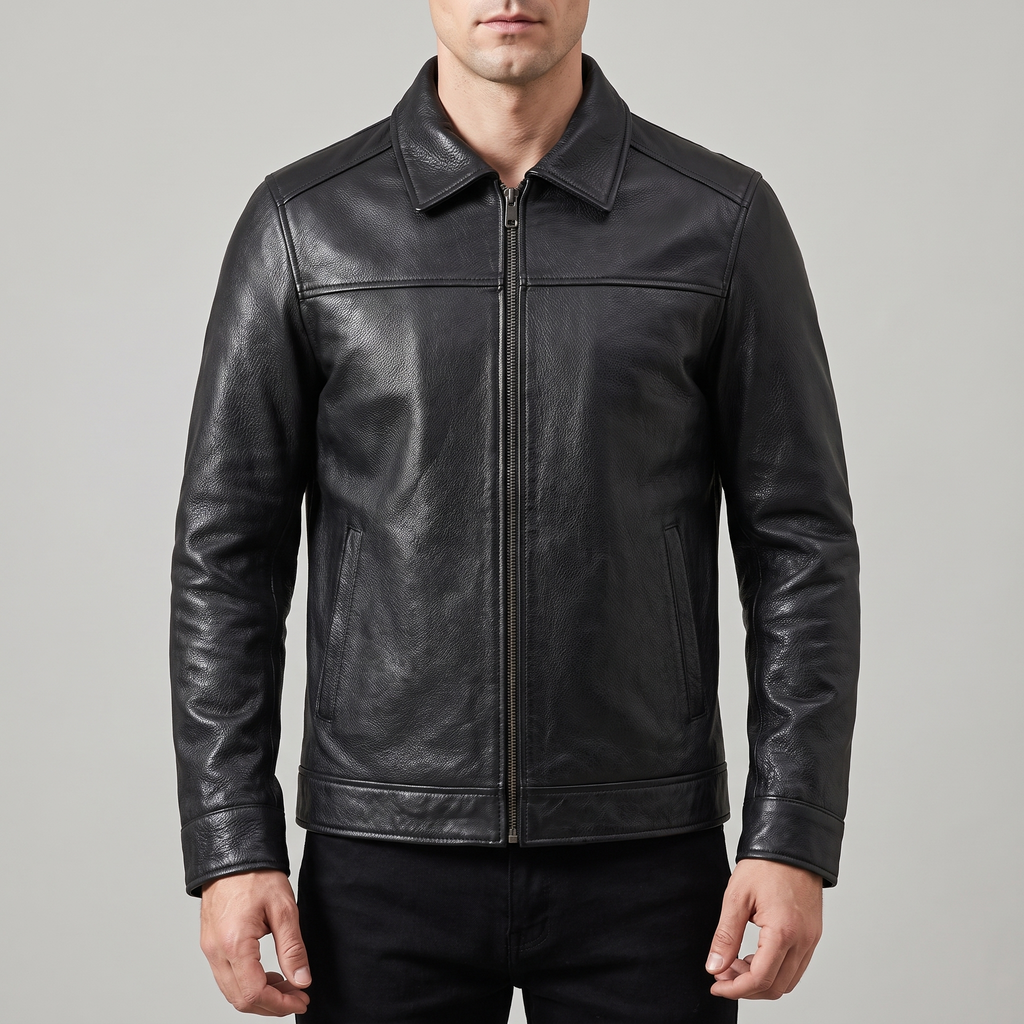 Men's black cowhide leather zip jacket, studio front view