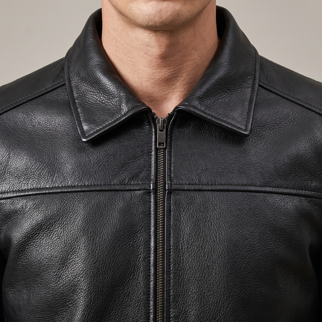 Men's black cowhide leather zip jacket, collar and zipper detail