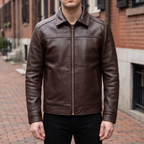 Men's dark brown cowhide leather zip jacket, street lifestyle view