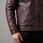 Men's dark brown cowhide leather zip jacket, cuff and welt pocket detail