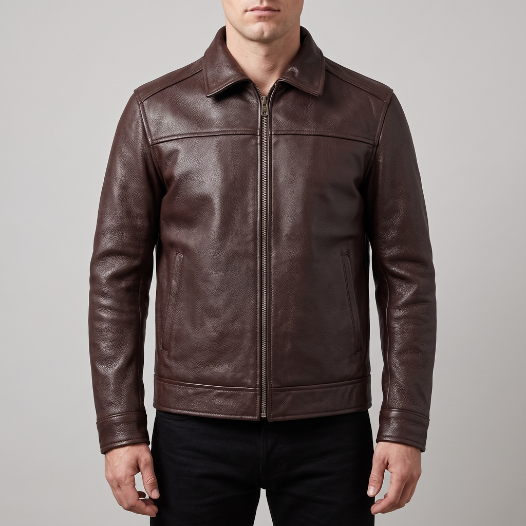 Men's dark brown cowhide leather zip jacket, studio front view