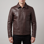 Men's dark brown cowhide leather zip jacket, studio front view