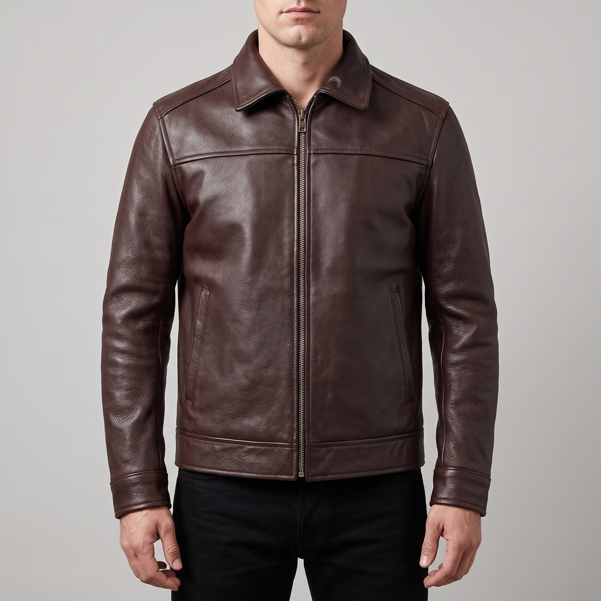 Men's dark brown cowhide leather zip jacket, studio front view