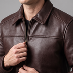 Men's dark brown cowhide leather zip jacket, collar and zipper detail