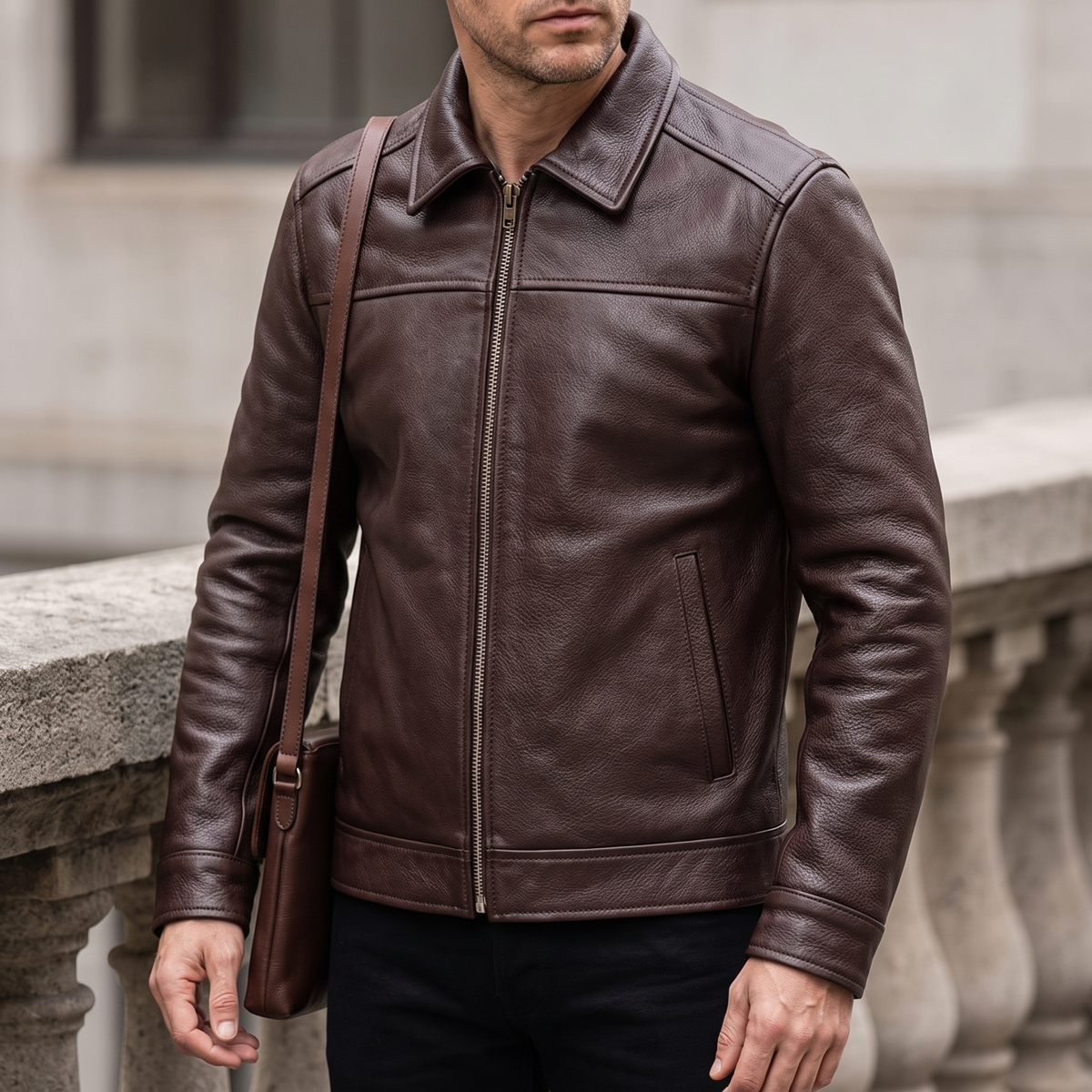 Men's dark brown cowhide leather zip jacket, three-quarter lifestyle view