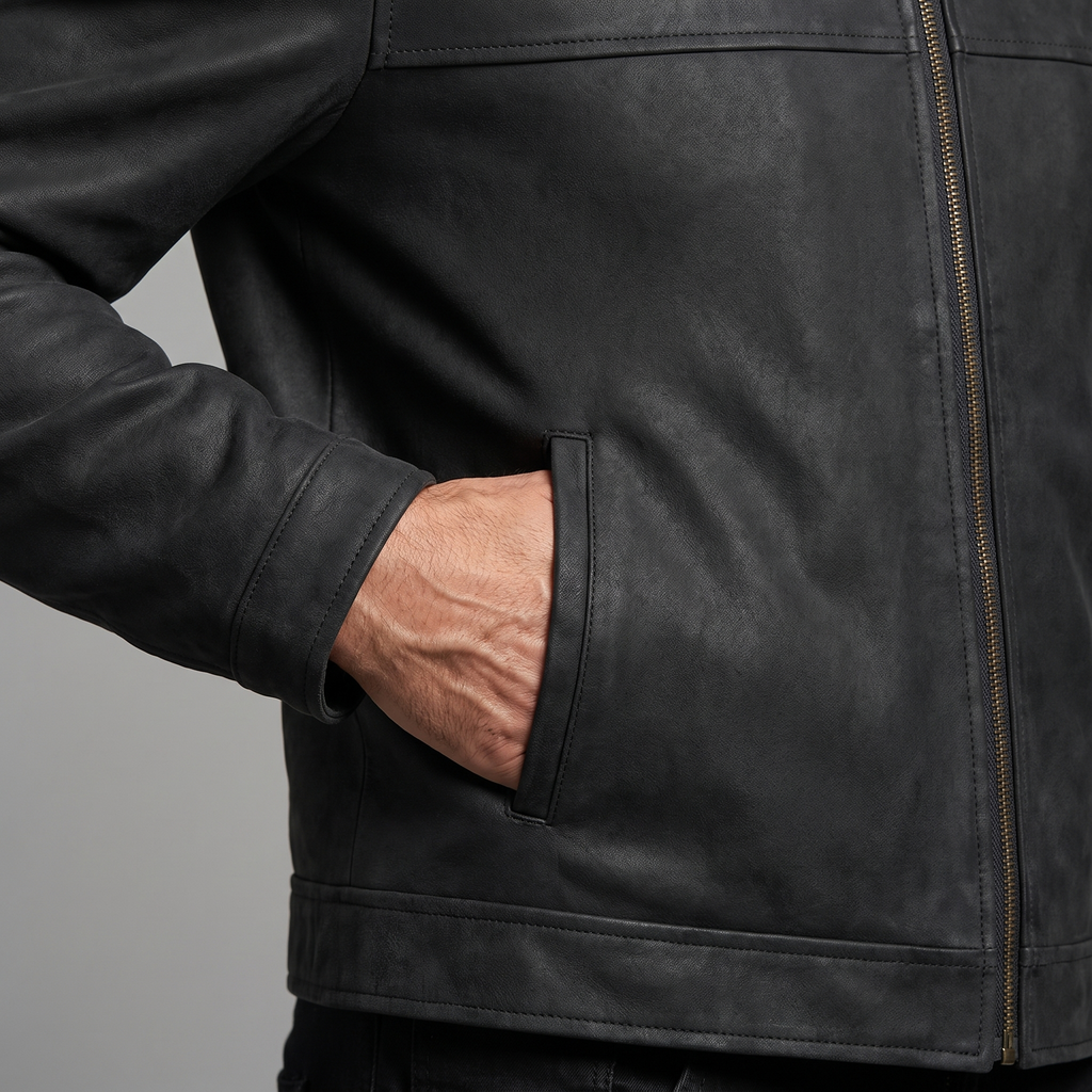 Men's black matte faux leather zip jacket, cuff and welt pocket detail