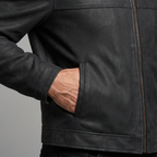 Men's black matte faux leather zip jacket, cuff and welt pocket detail