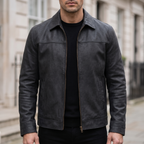 Men's black matte faux leather zip jacket, front lifestyle view