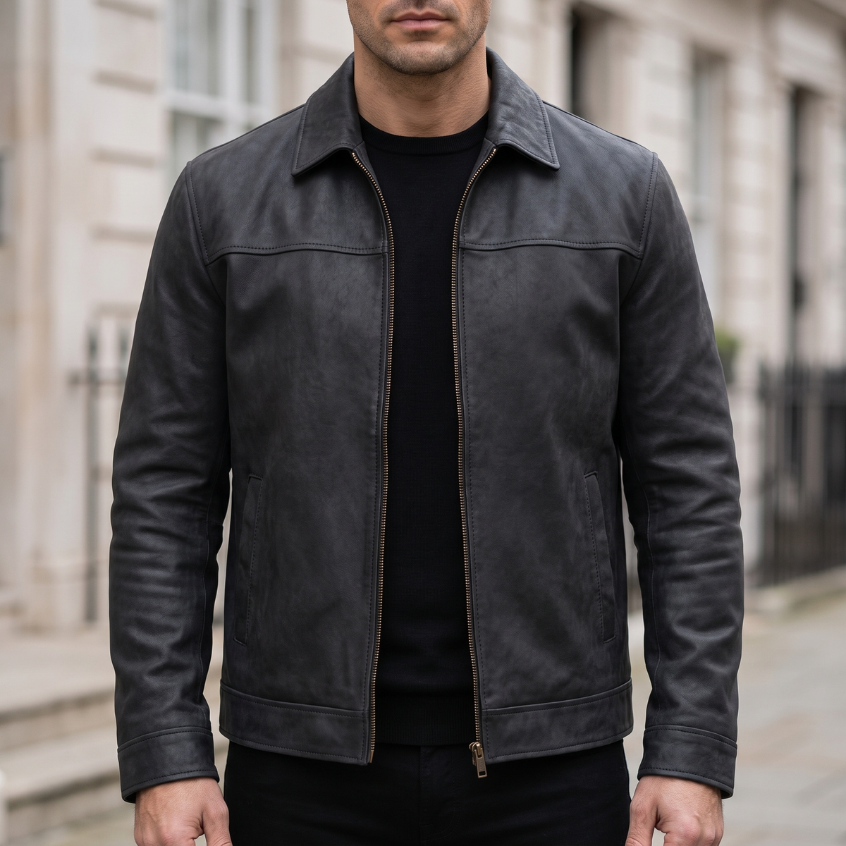 Men's black matte faux leather zip jacket, front lifestyle view