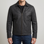 Men's black matte faux leather zip jacket, studio front view