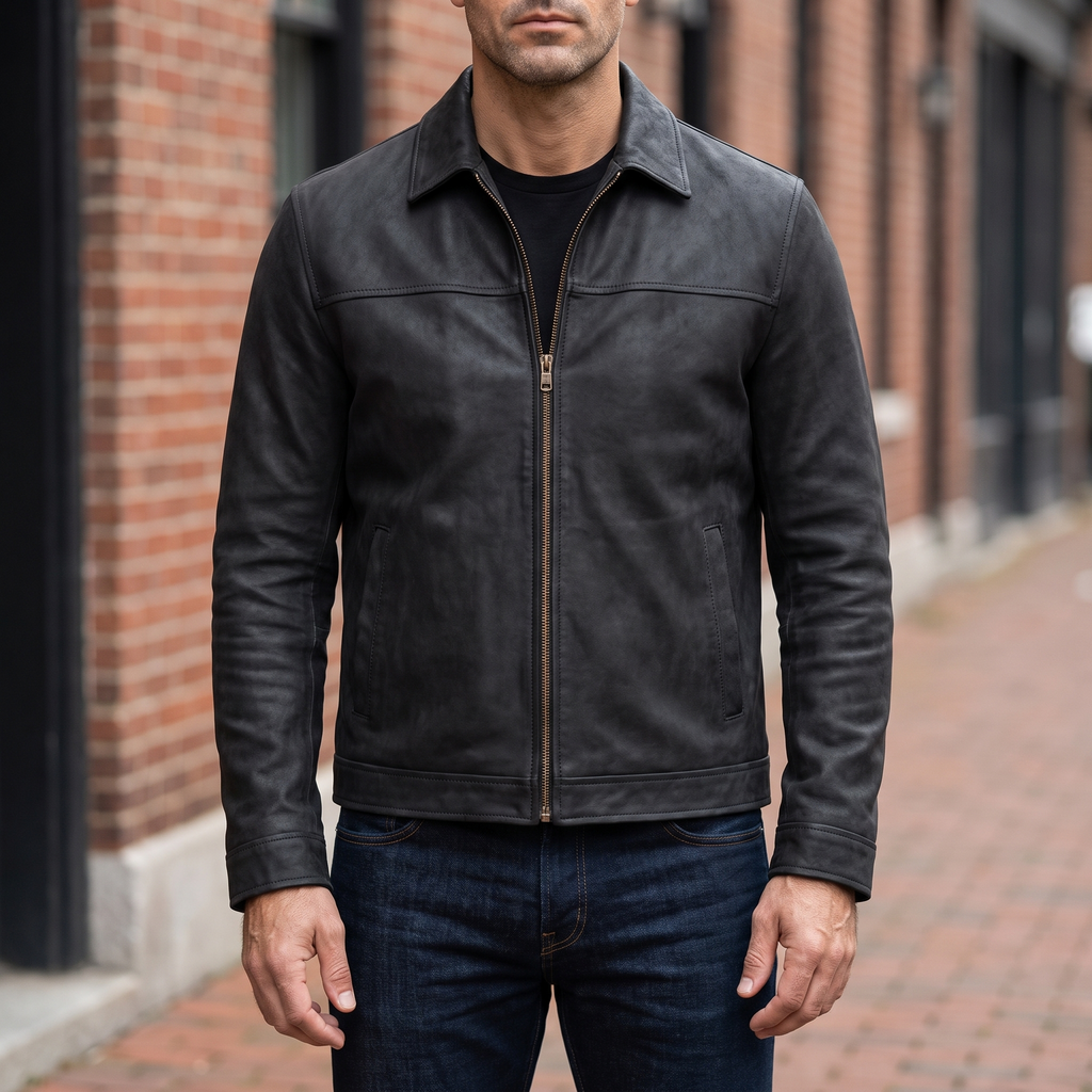 Men's black matte faux leather zip jacket, street lifestyle view