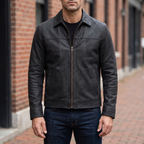 Men's black matte faux leather zip jacket, street lifestyle view
