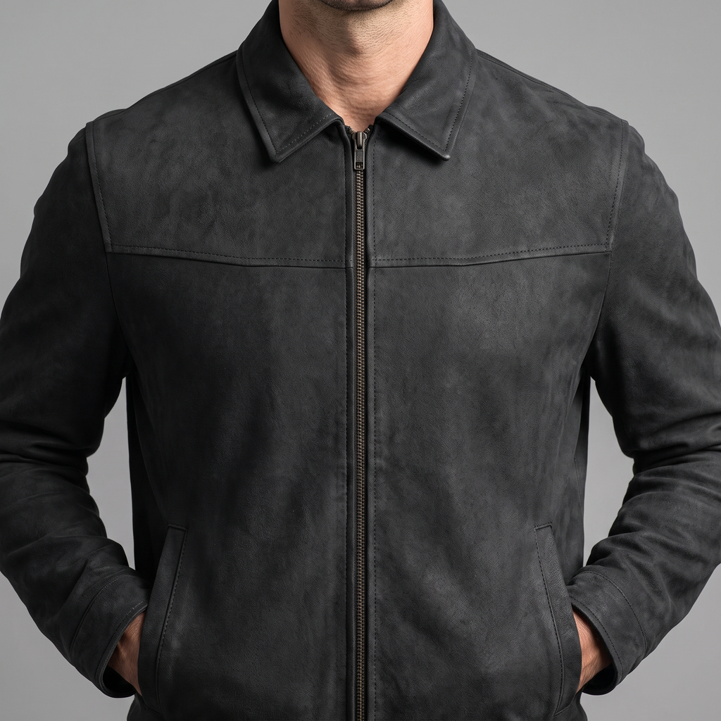Men's black matte faux leather zip jacket, collar and chest seam detail