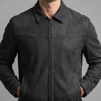 Men's black matte faux leather zip jacket, collar and chest seam detail