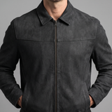 Men's black matte faux leather zip jacket, collar and chest seam detail