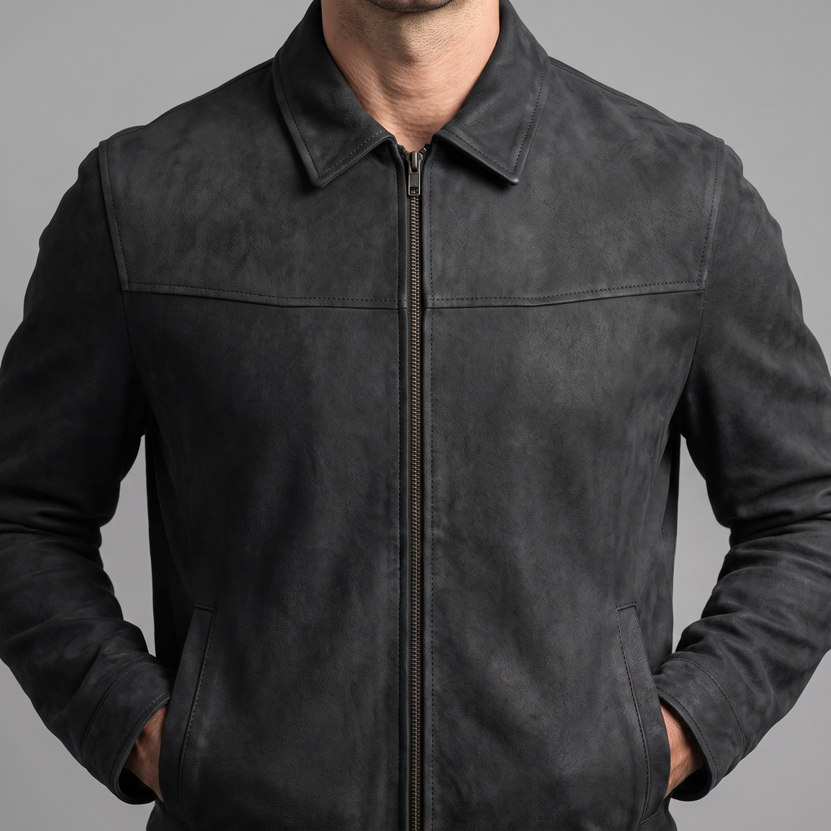 Men's black matte faux leather zip jacket, collar and chest seam detail