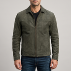 Men's army green matte faux leather zip jacket, studio front view