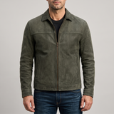 Men's army green matte faux leather zip jacket, studio front view