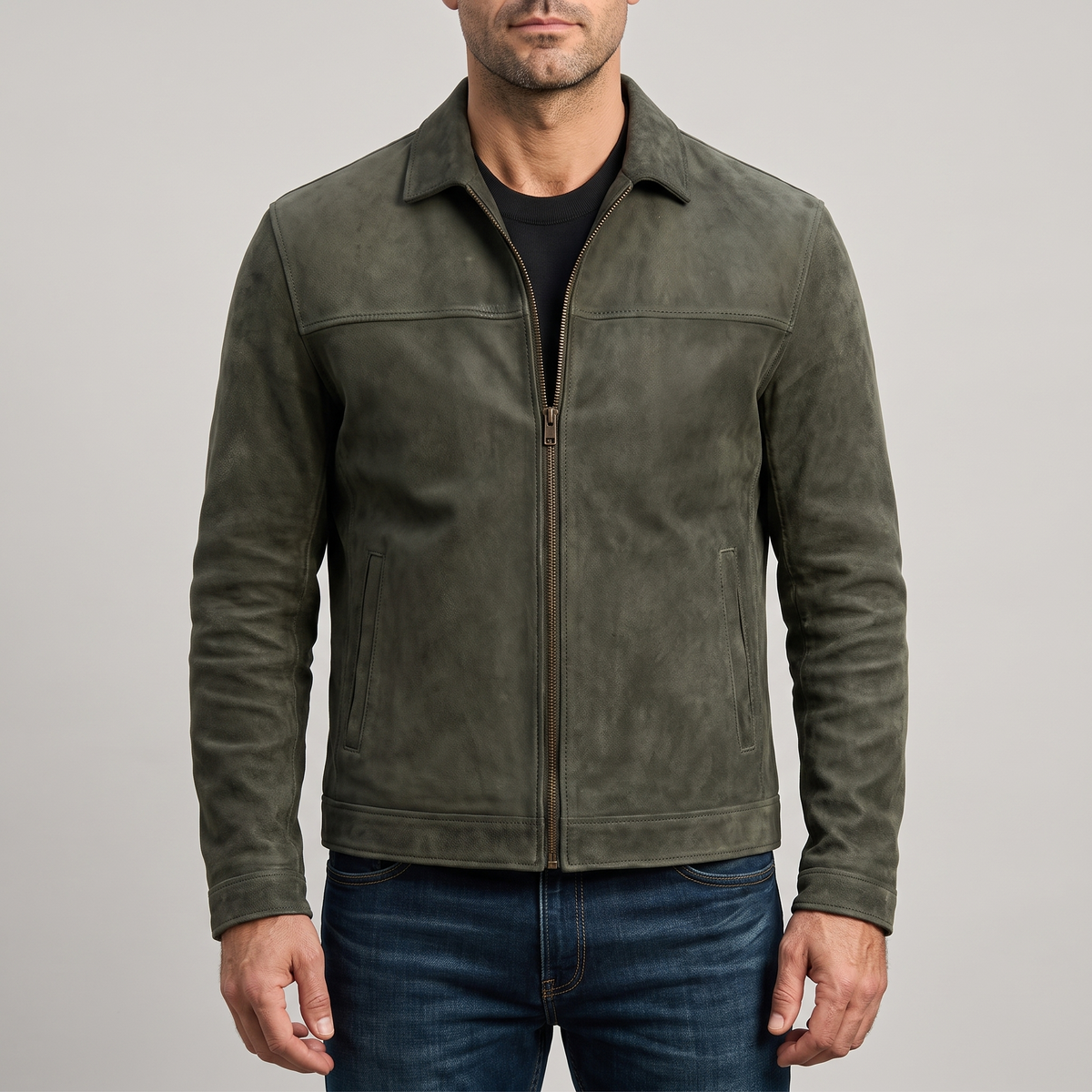 Men's army green matte faux leather zip jacket, studio front view