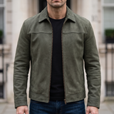 Men's army green matte faux leather zip jacket, front lifestyle view