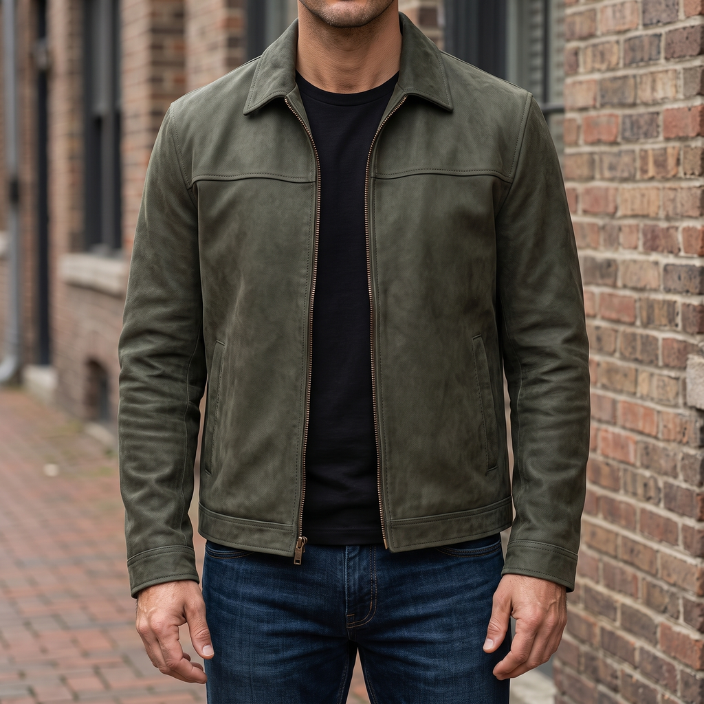 Men's army green matte faux leather zip jacket, street lifestyle view