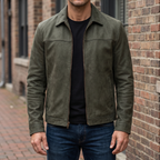 Men's army green matte faux leather zip jacket, street lifestyle view